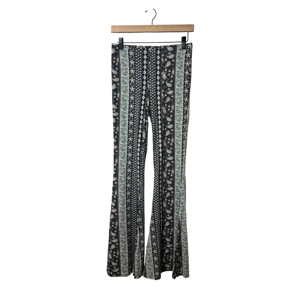Bear Dance Paisley Floral Flare Pants Boho Bell Bottoms Black Blue Size M
